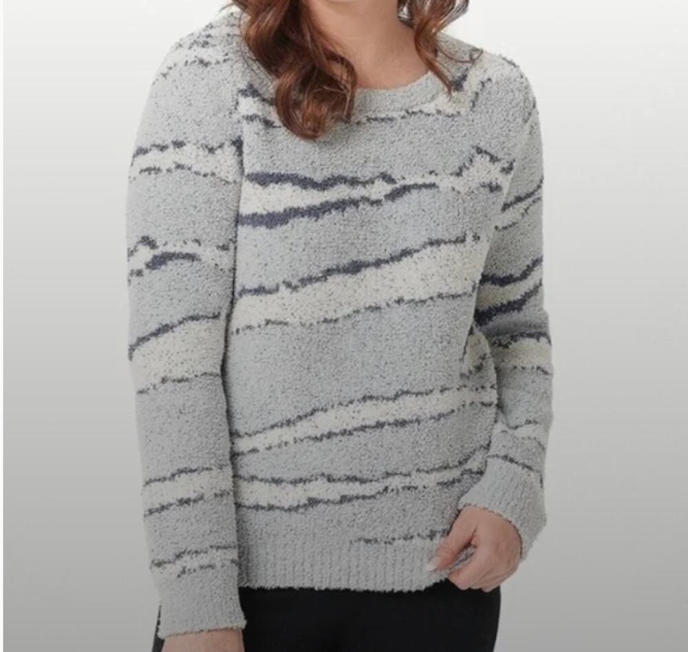 Barefoot Dreams CozyChic Seaside Crew-Neck Pullover Sweater in Ocean Zebra Small